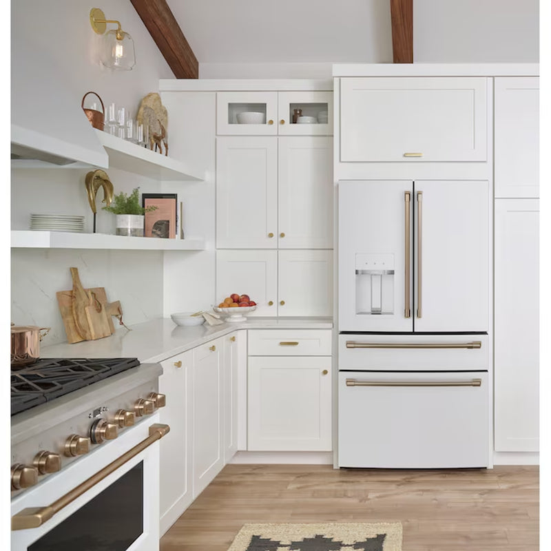 Standard-Depth 27.8-Cu Ft 4 -Door 36-In Wide Smart Compatible French Door Refrigerator with Ice Maker with Water and Ice Dispenser ( Matte White with Brushed Bronze Handles ) ENERGY STAR Certified