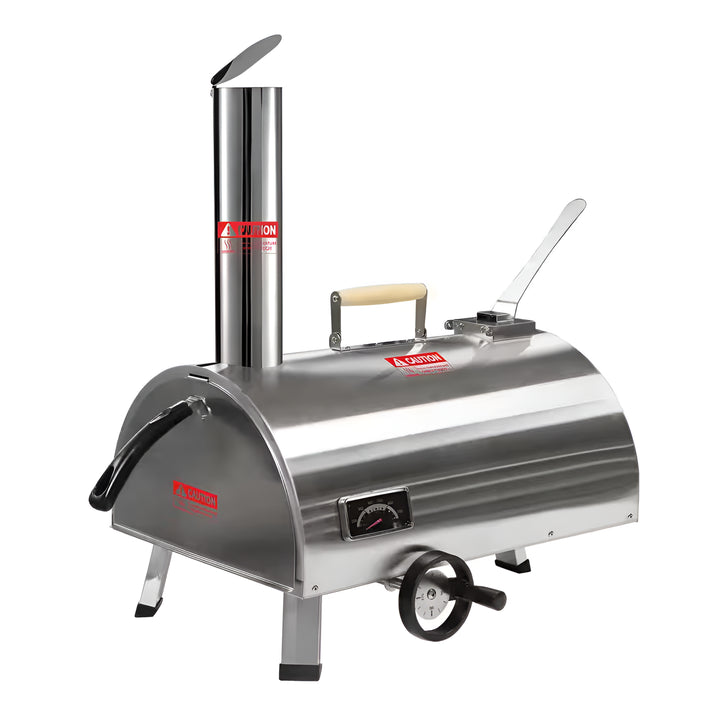 12In Portable Silver Wood-Fired Outdoor Pizza Oven, Includes a Baking Tray, Grill, and Various Accessories.