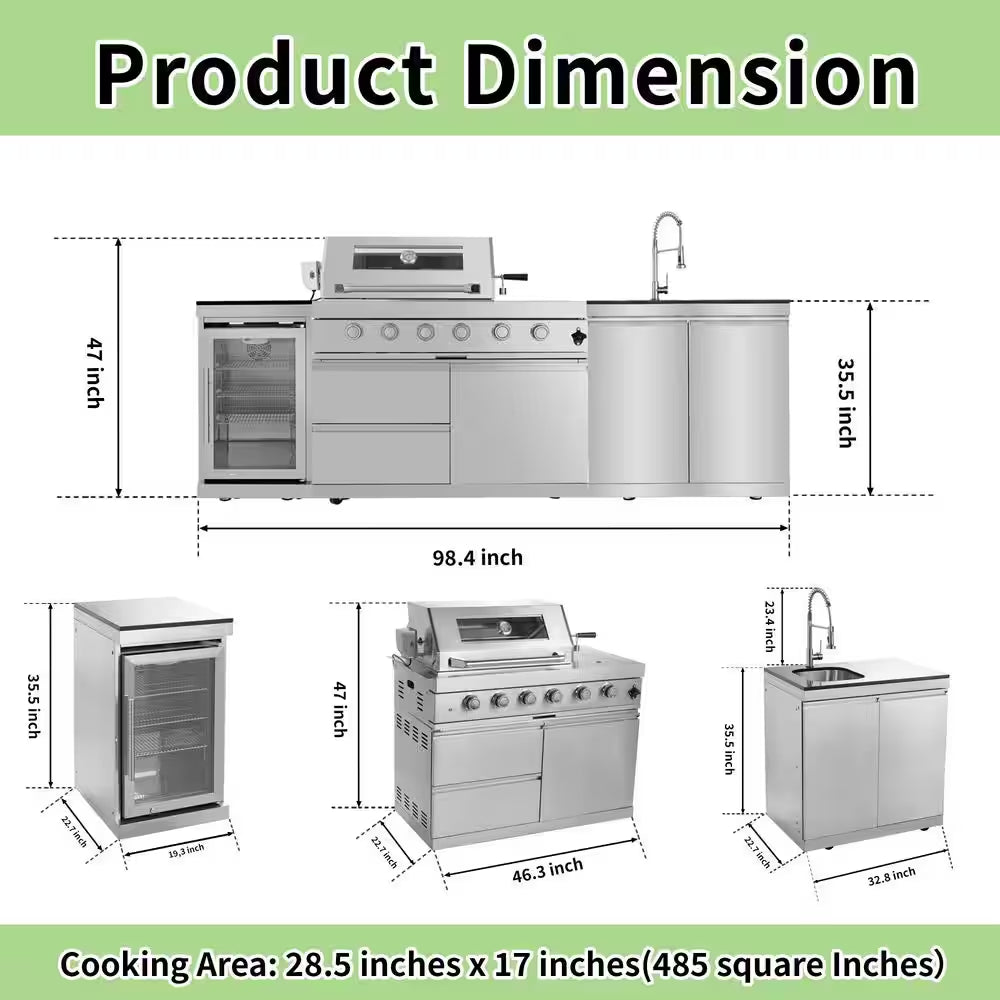46 In. 4-Burner 72,000 BTU Stainless Steel Outdoor Kitchen BBQ Grill Island, Wine Refrigerator, Rotisserie, in Sliver
