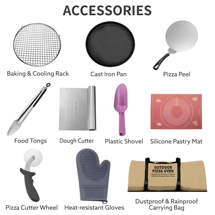 12In Portable Silver Wood-Fired Outdoor Pizza Oven, Includes a Baking Tray, Grill, and Various Accessories.