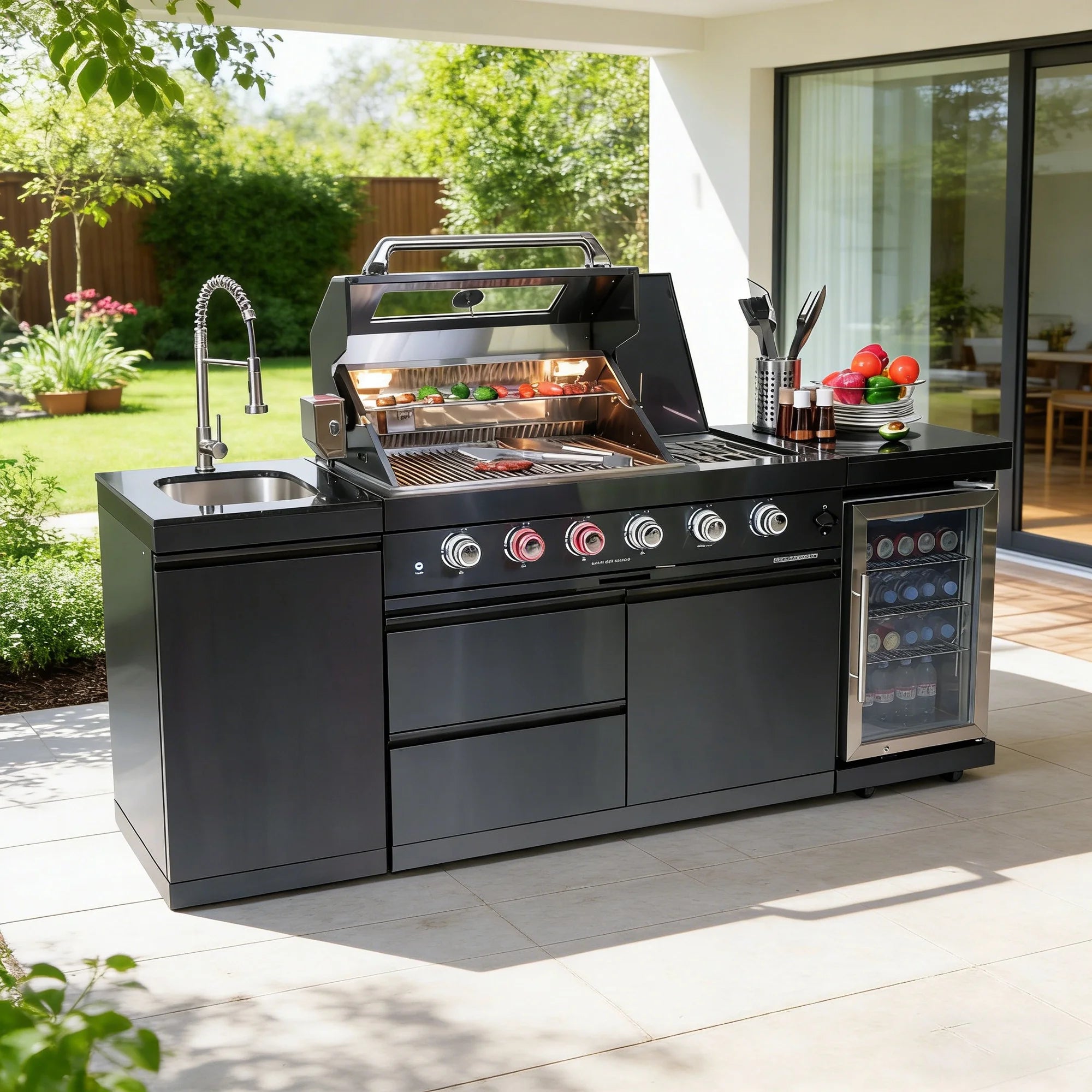 Outdoor Kitchen Island Black Stainless Steel with Sink & 46-Inch 4-Burner 72000 BTU Grill, Wine Cooler, Refrigerator, Rotisserie Kit & Granite Countertops