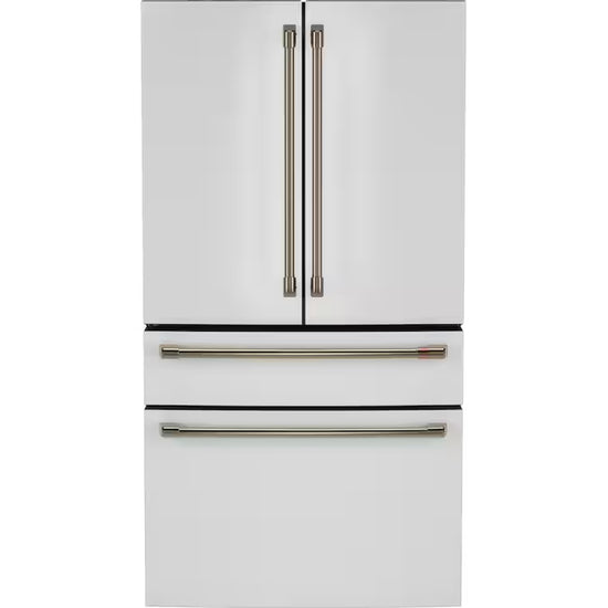 Standard-Depth 27.8-Cu Ft 4 -Door 36-In Wide Smart Compatible French Door Refrigerator with Ice Maker with Water and Ice Dispenser ( Matte White with Brushed Bronze Handles ) ENERGY STAR Certified