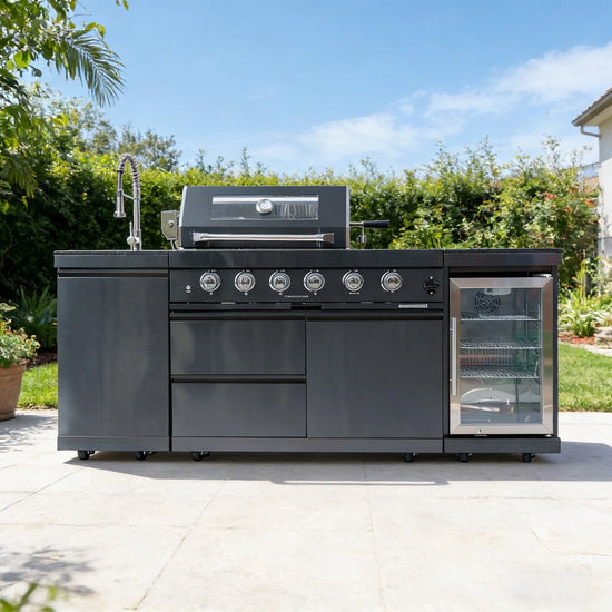Outdoor Kitchen Island Black Stainless Steel with Sink & 46-Inch 4-Burner 72000 BTU Grill, Wine Cooler, Refrigerator, Rotisserie Kit & Granite Countertops