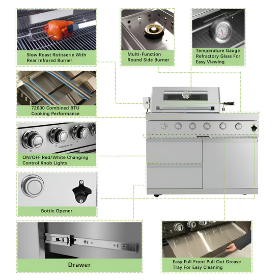46 In. 4-Burner 72,000 BTU Stainless Steel Outdoor Kitchen BBQ Grill Island, Wine Refrigerator, Rotisserie, in Sliver