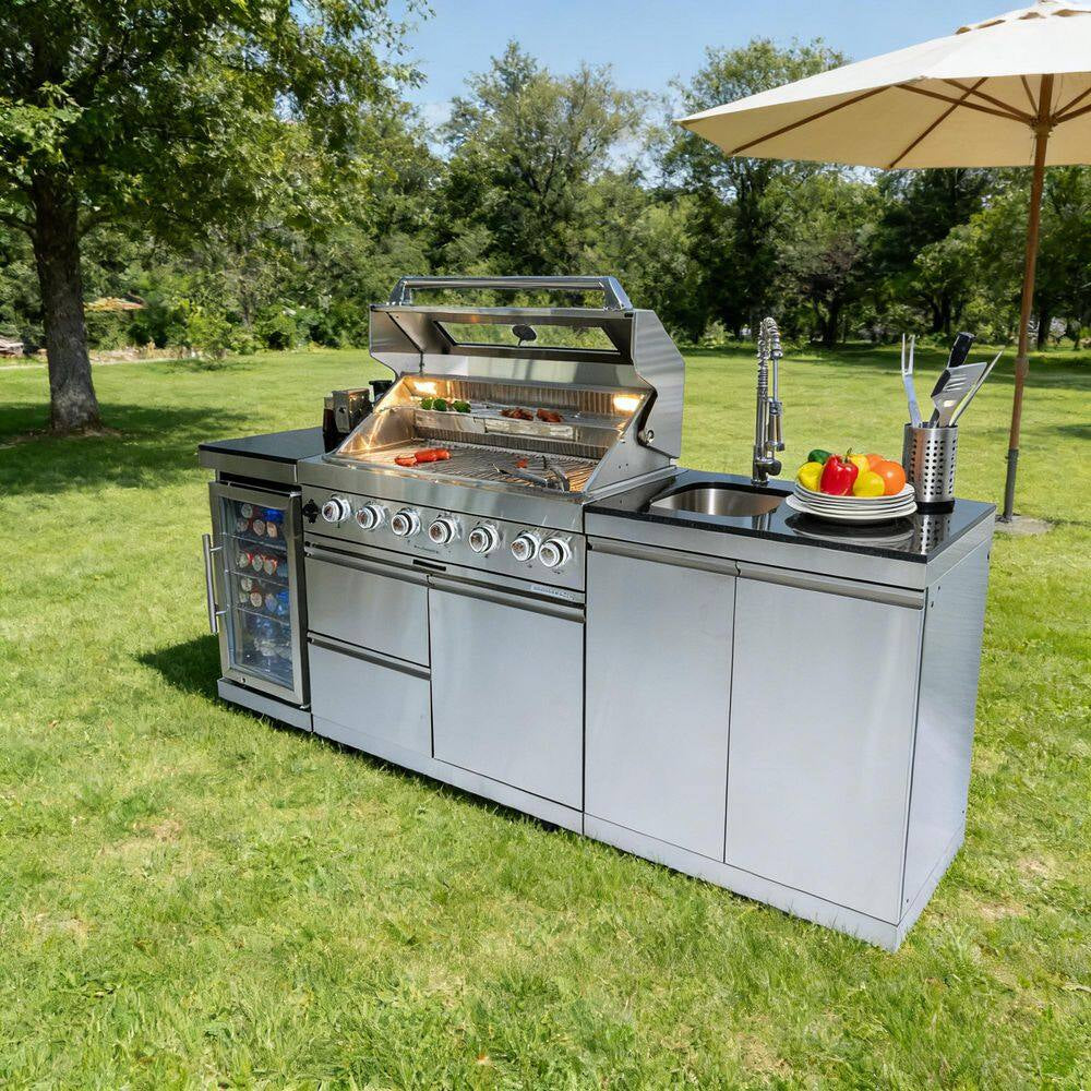 43 In. 6-Burner 85,000 BTU Stainless Steel Outdoor Kitchen BBQ Grill Island, Wine Refrigerator, Rotisserie, in Sliver