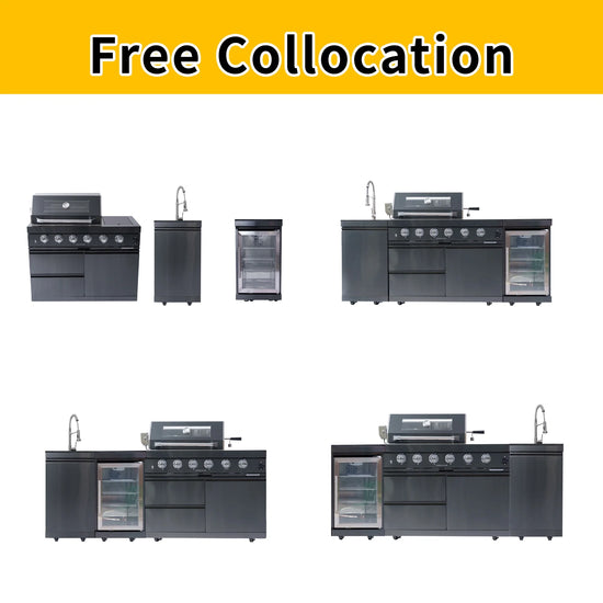 Outdoor Kitchen Island Black Stainless Steel with Sink & 46-Inch 4-Burner 72000 BTU Grill, Wine Cooler, Refrigerator, Rotisserie Kit & Granite Countertops