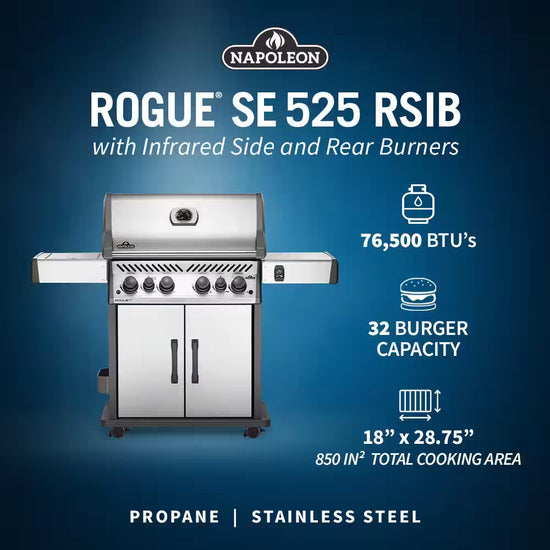 Rogue 4-Burner Propane Gas Grill in Stainless Steel with Infrared Rear and Side Burners