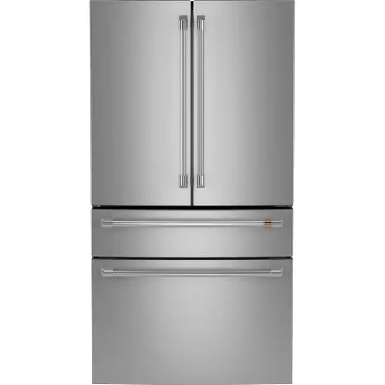Standard-Depth 27.8-Cu Ft 4 -Door 36-In Wide Smart Compatible French Door Refrigerator with Ice Maker with Water and Ice Dispenser ( Matte White with Brushed Bronze Handles ) ENERGY STAR Certified