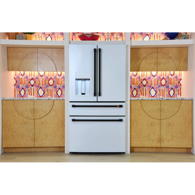 Standard-Depth 27.8-Cu Ft 4 -Door 36-In Wide Smart Compatible French Door Refrigerator with Ice Maker with Water and Ice Dispenser ( Matte White with Brushed Bronze Handles ) ENERGY STAR Certified
