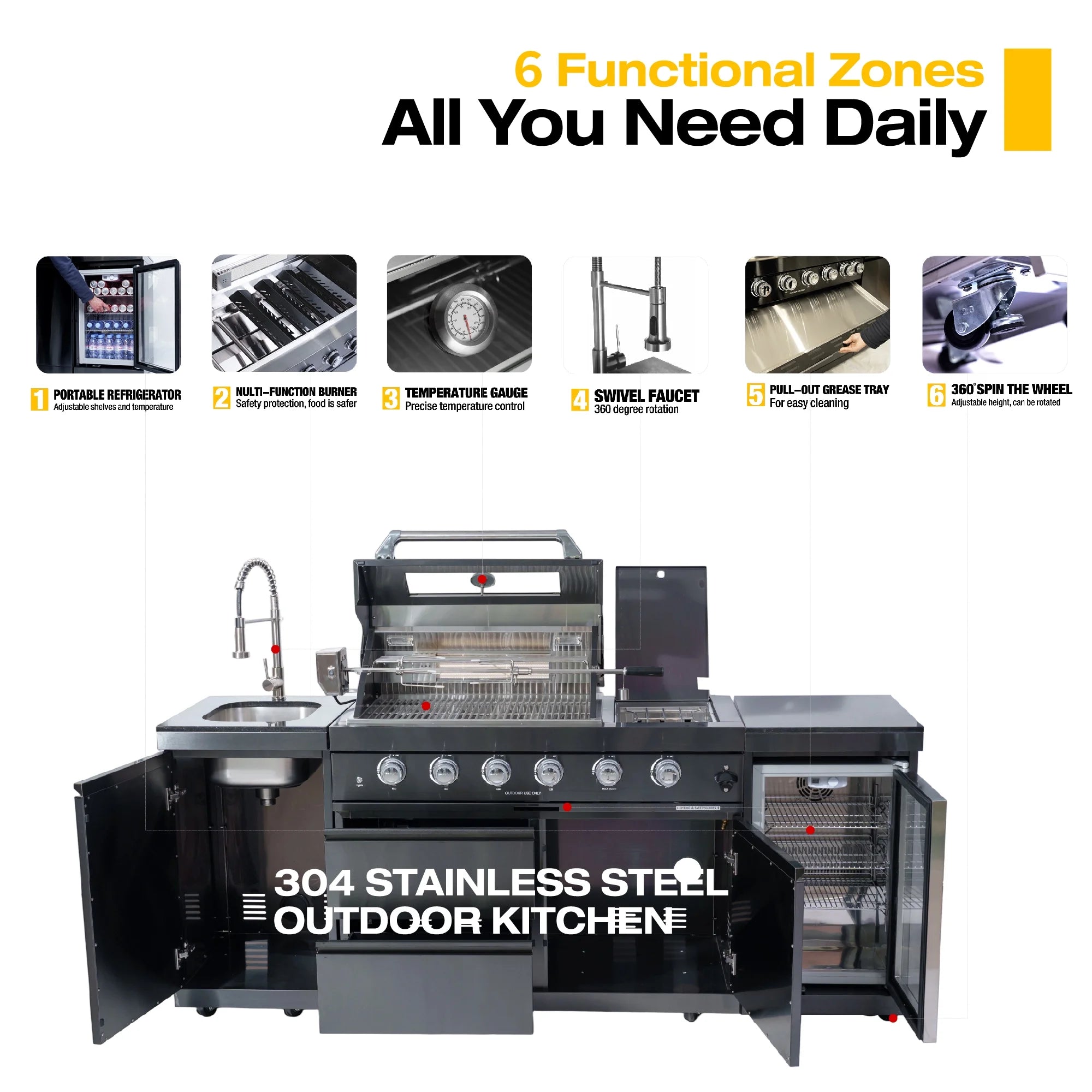 Outdoor Kitchen Island Black Stainless Steel with Sink & 46-Inch 4-Burner 72000 BTU Grill, Wine Cooler, Refrigerator, Rotisserie Kit & Granite Countertops