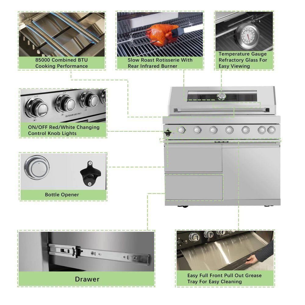 43 In. 6-Burner 85,000 BTU Stainless Steel Outdoor Kitchen BBQ Grill Island, Wine Refrigerator, Rotisserie, in Sliver