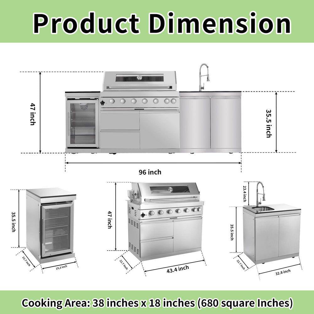 43 In. 6-Burner 85,000 BTU Stainless Steel Outdoor Kitchen BBQ Grill Island, Wine Refrigerator, Rotisserie, in Sliver