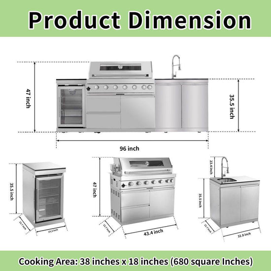 43 In. 6-Burner 85,000 BTU Stainless Steel Outdoor Kitchen BBQ Grill Island, Wine Refrigerator, Rotisserie, in Sliver