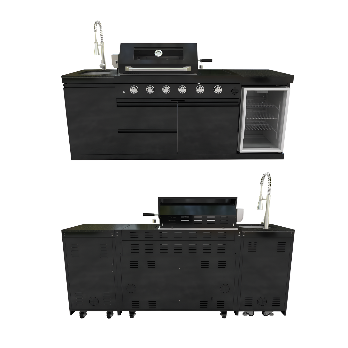 Outdoor Kitchen Island Black Stainless Steel with Sink & 46-Inch 4-Burner 72000 BTU Grill, Wine Cooler, Refrigerator, Rotisserie Kit & Granite Countertops