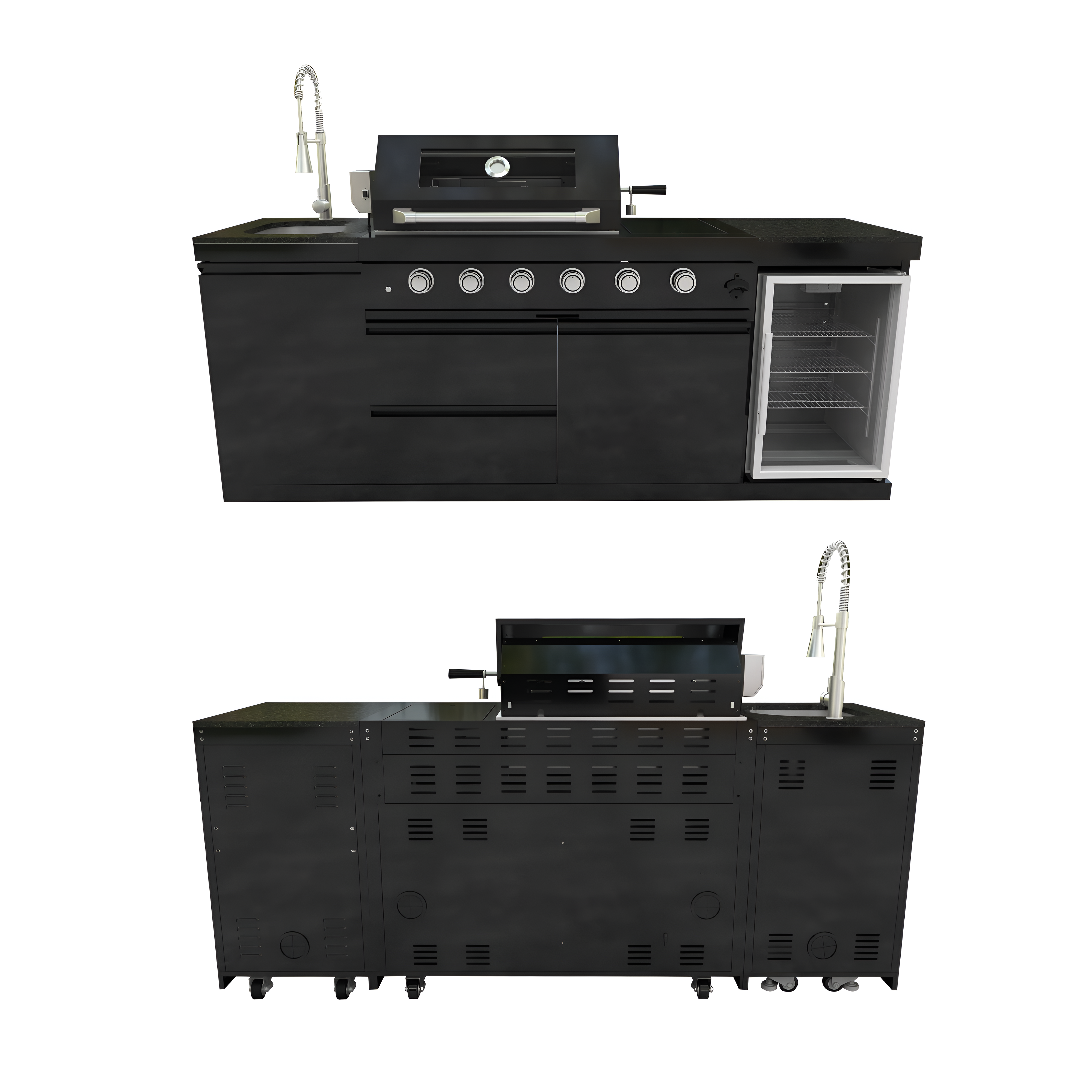 Outdoor Kitchen Island Black Stainless Steel with Sink & 46-Inch 4-Burner 72000 BTU Grill, Wine Cooler, Refrigerator, Rotisserie Kit & Granite Countertops