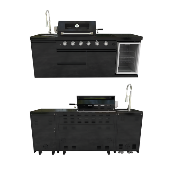 Outdoor Kitchen Island Black Stainless Steel with Sink & 46-Inch 4-Burner 72000 BTU Grill, Wine Cooler, Refrigerator, Rotisserie Kit & Granite Countertops
