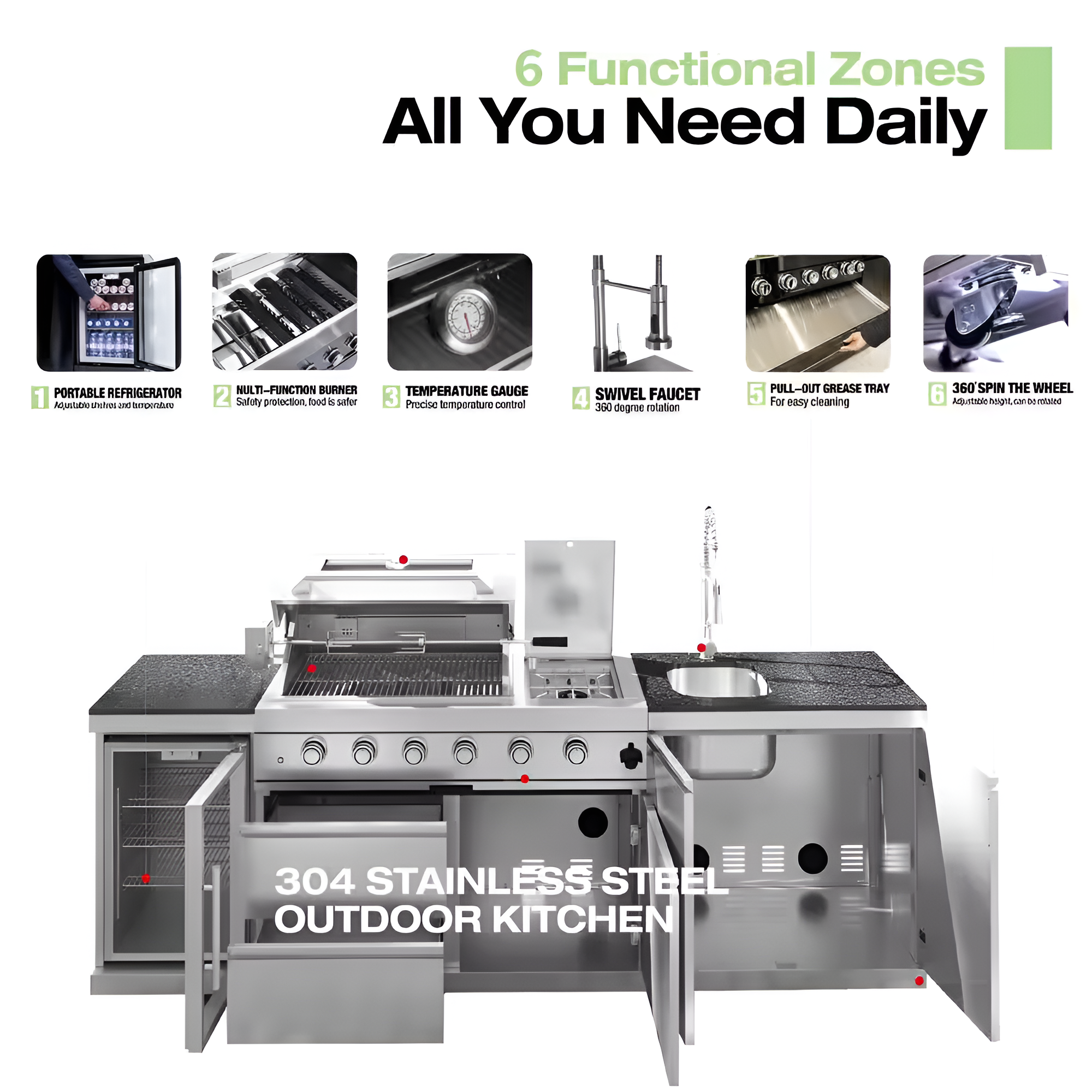 46 In. 4-Burner 72,000 BTU Stainless Steel Outdoor Kitchen BBQ Grill Island, Wine Refrigerator, Rotisserie, in Sliver