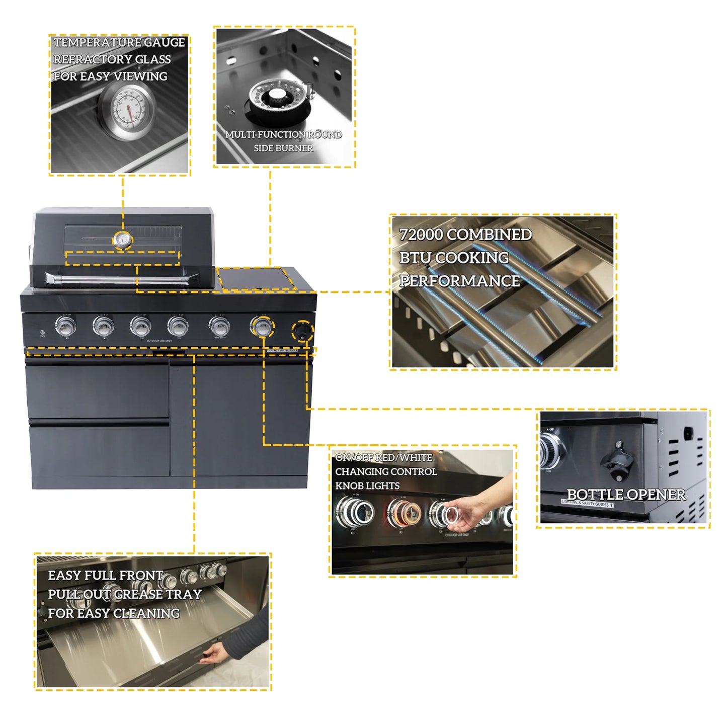 Outdoor Kitchen Island Black Stainless Steel with Sink & 46-Inch 4-Burner 72000 BTU Grill, Wine Cooler, Refrigerator, Rotisserie Kit & Granite Countertops