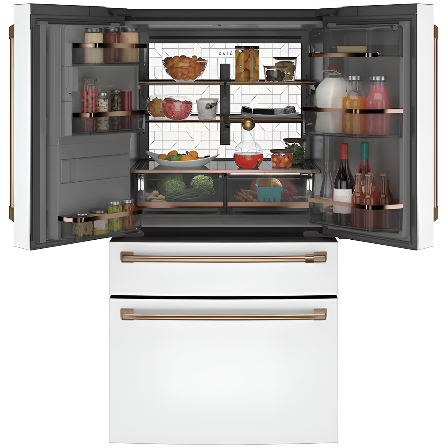 Standard-Depth 27.8-Cu Ft 4 -Door 36-In Wide Smart Compatible French Door Refrigerator with Ice Maker with Water and Ice Dispenser ( Matte White with Brushed Bronze Handles ) ENERGY STAR Certified
